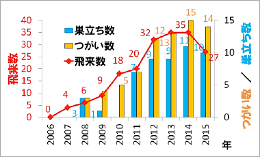 ここ10年間のウミガラス繁殖個体数と巣立ち数の推移（提供／北海道海鳥センター）